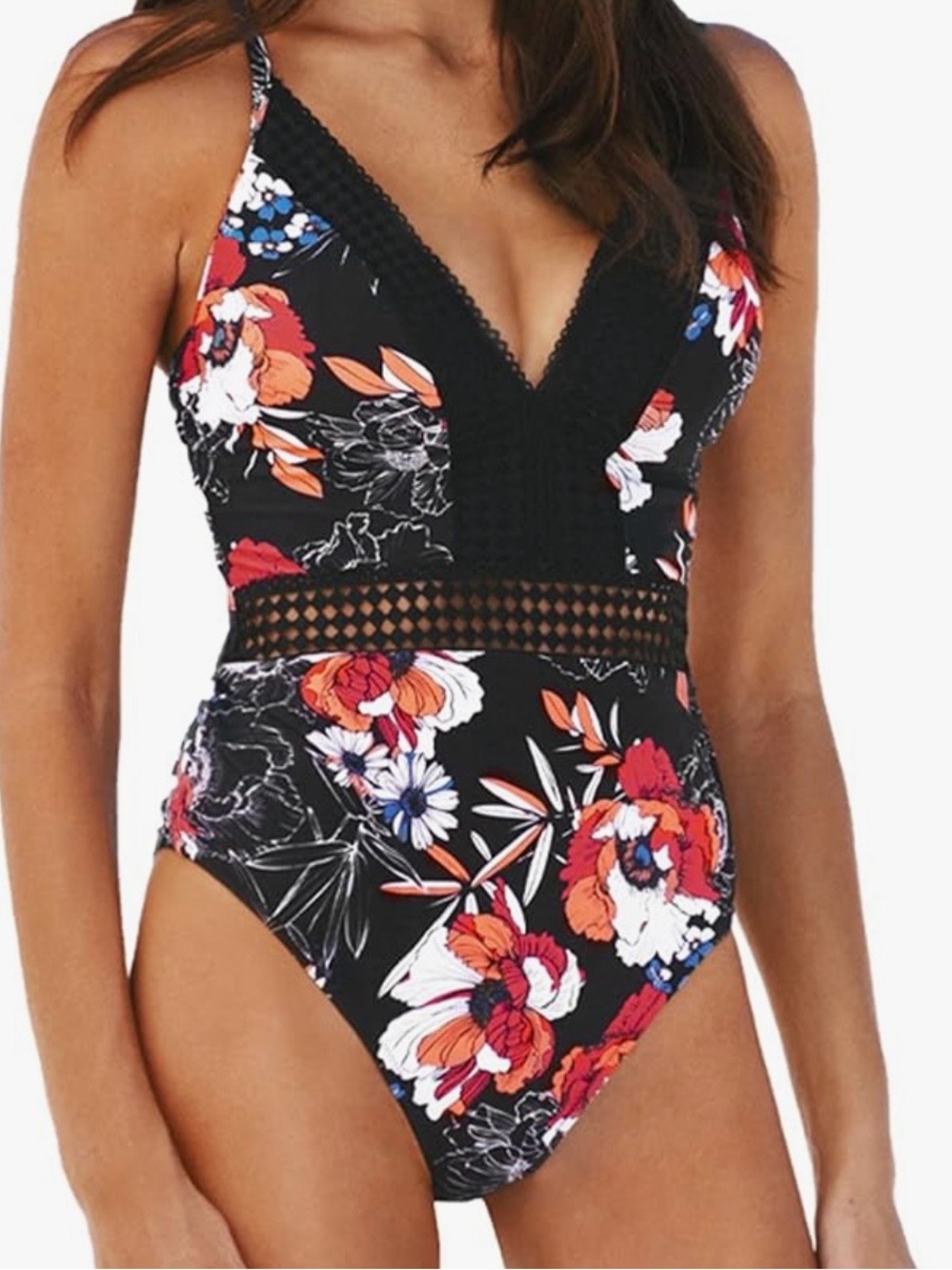 Cupshe Black Floral V-Neck One-Piece Swimsuit with Crochet Waistband
